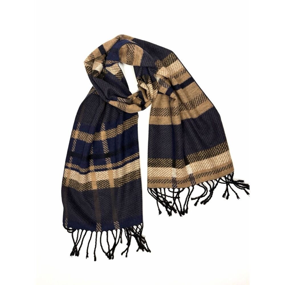 Club Room Silk Scarf Brushed Wool Feel Navy Tan Plaid Fringe Soft Warm 67x12"